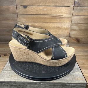 Clarks Womens Size 9M Black Aisley Tulip Sandals Suede Wedge Heels Slingback